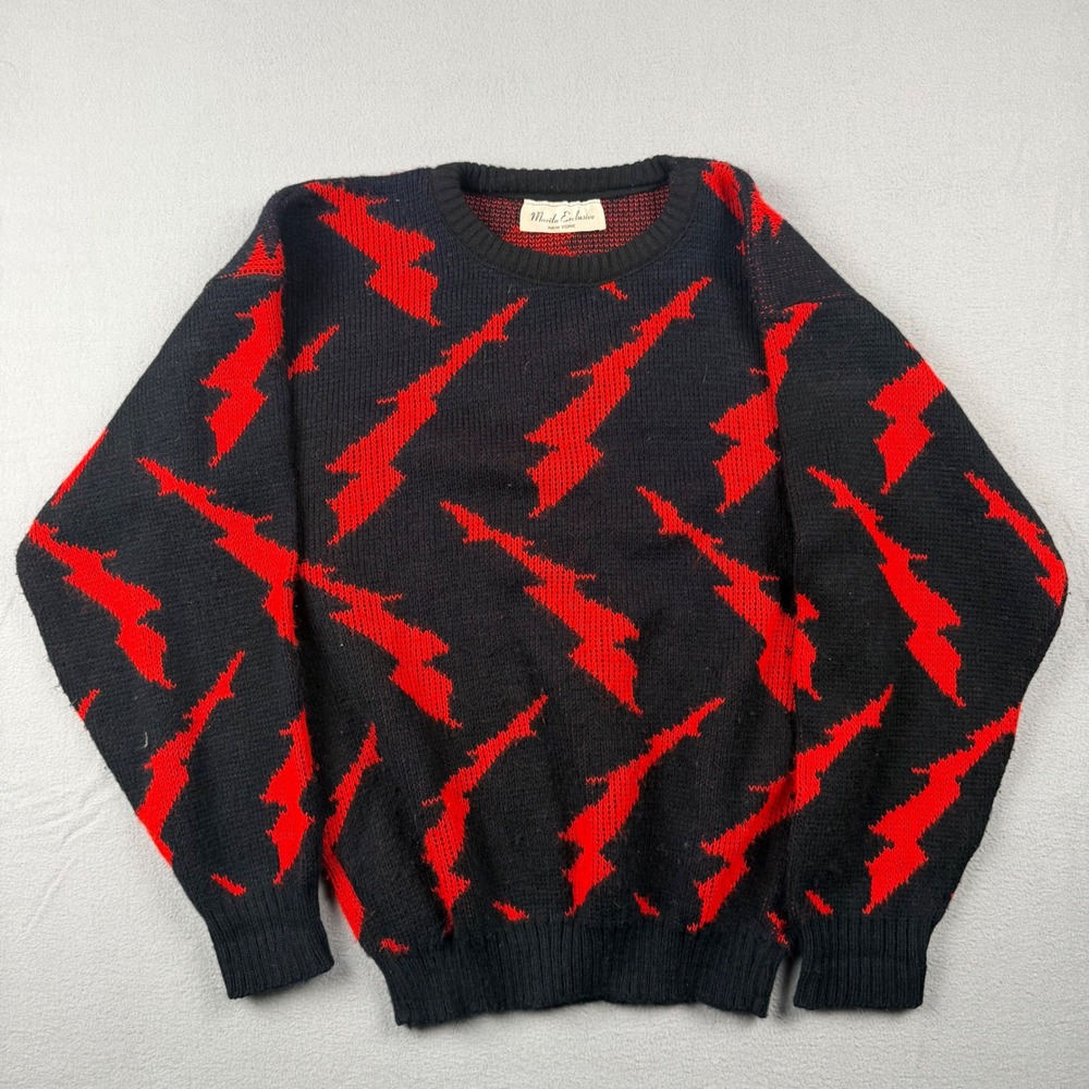Vintage Marilu Exclusive NY Lightning Bolt Sweater Mens Black Red USA Made L/XL